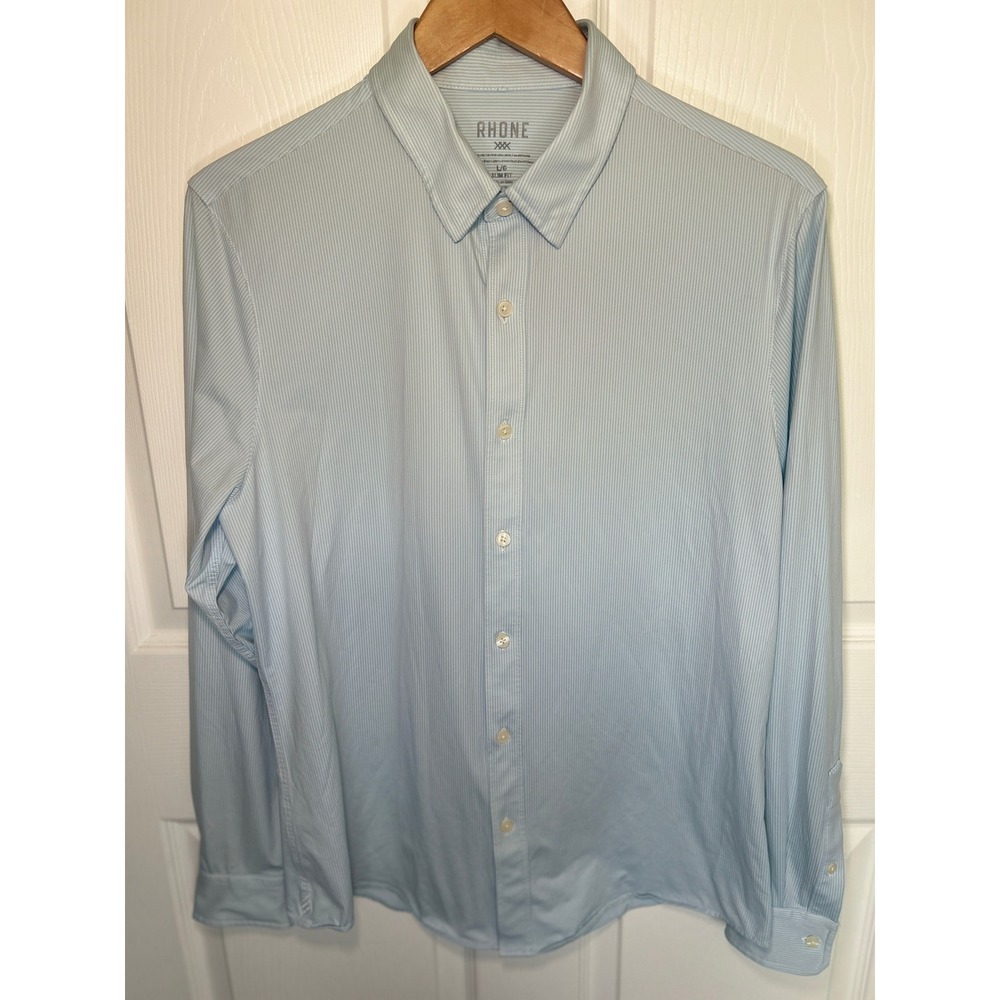 Rhone Commuter Shirt Large Slim Fit Blue Micro Dot Stretch Performance